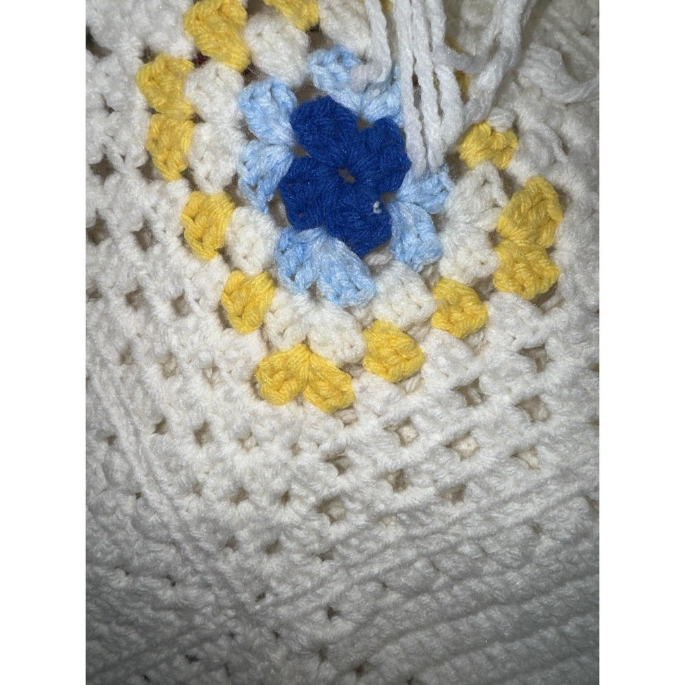 VTG Hand Crochet Granny Square Afghan Blanket 78x100 White Multi Fringe Cottage - Picture 4 of 5